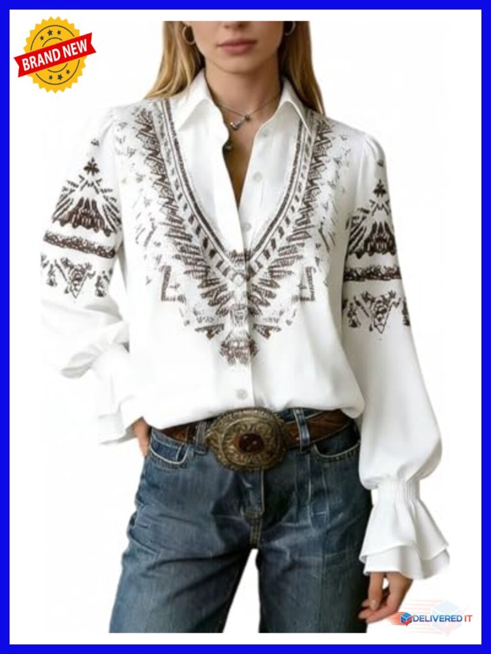 Boho Paisley Long Sleeve Ruffled Cuff Button Down Blouse